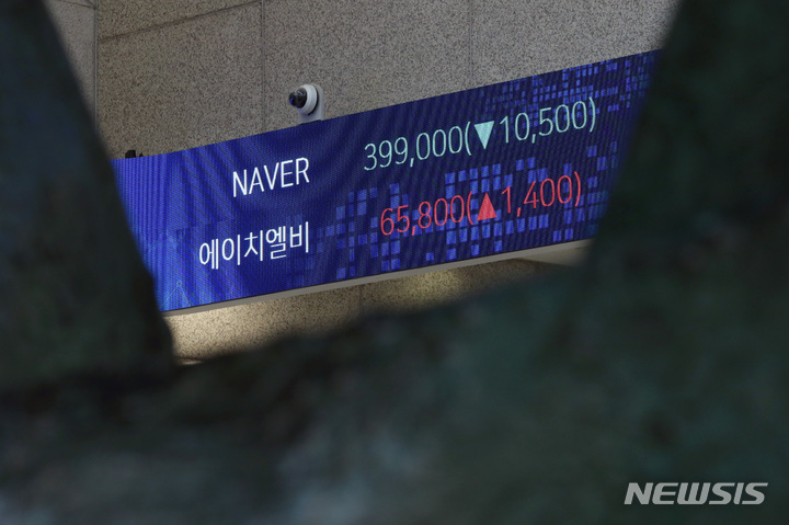 [서울=뉴시스] 김병문 기자 = 국내 IT플랫폼 대장주인 네이버와 카카오의 주가가 동반 폭락한 9일 오후 서울 여의도 KRX한국거래소 전광판에 네이버 주가가 표시되고 있다. 2021.09.09. dadazon@newsis.com