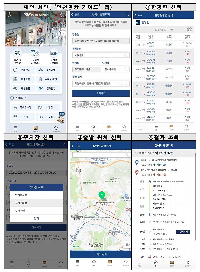[인천공항=뉴시스] 홍찬선 기자 = 인천공항공사는 모바일 앱을 통해 항공편 정보만 입력하면 집에서 공항까지 소요시간을 사전에 안내받을 수 있는 '집에서 공항까지(Home to Airport)'서비스를 도입한다고 15일 밝혔다. 사진은 앱 실행 모습. (사진=인천공항공사 제공) 2021.09.15. photo@newsis.com&nbsp; *재판매 및 DB 금지