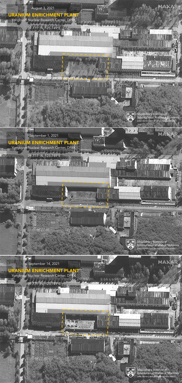 지난 9월17일 미국 CNN 방송이 보도한 북한 영변 핵단지내 우라늄 농축시설의 확장공사 장면. CNN은 나무들이 들어있던 공터(1)를 정리한 뒤(2) 건설공사가 진행중(3)이라면서 공사가 끝나면 영변 우라늄농축시설의 생산능력이 25% 확대될 것이라는 전문가의 예상을 전했다. (사진: CNN 홈페이지 캡처) *재판매 및 DB 금지