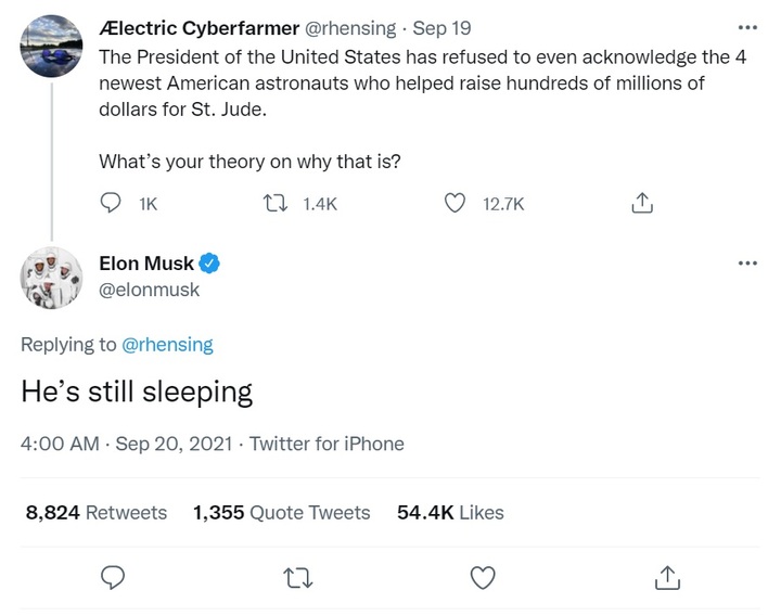[서울=뉴시스]일론 머스크 테슬라 최고경영자(CEO)가 트위터를 통해 조 바이든 대통령이 "그는 아직 자고 있다"며 조롱했다. 사진은 머스크의 트위터(@elonmusk) 갈무리. 2021.09.22.