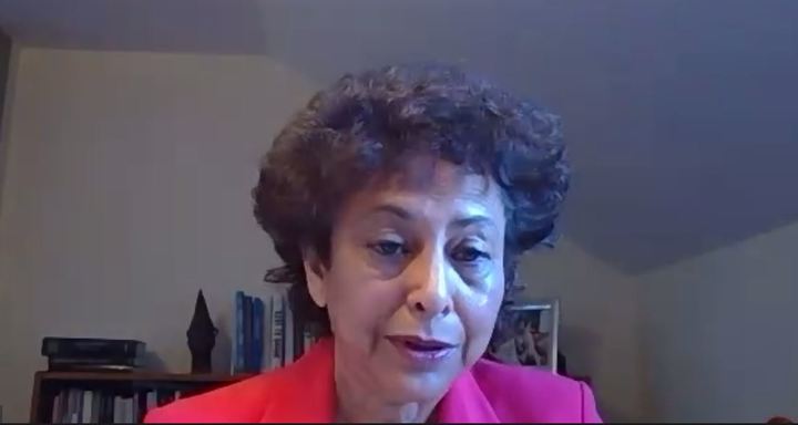 [서울=뉴시스] 24일 아이린 칸 유엔 의사·표현의 자유 특별보고관이 한국 기자들을 상대로 화상 기자간담회를 진행 중인 모습. 2021.09.24. *재판매 및 DB 금지