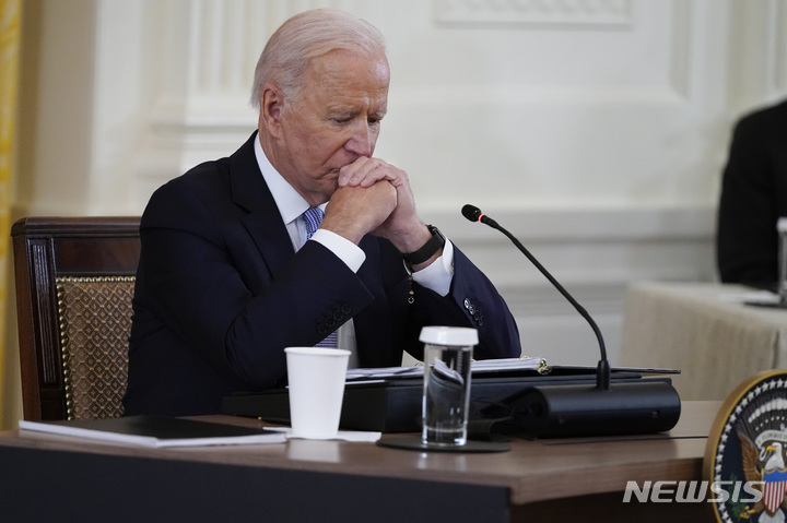 [워싱턴DC=AP/뉴시스]조 바이든 미국 대통령이 지난 24일 백악관에서 쿼드 정상회의에 참석한 모습. 2021.09.30.