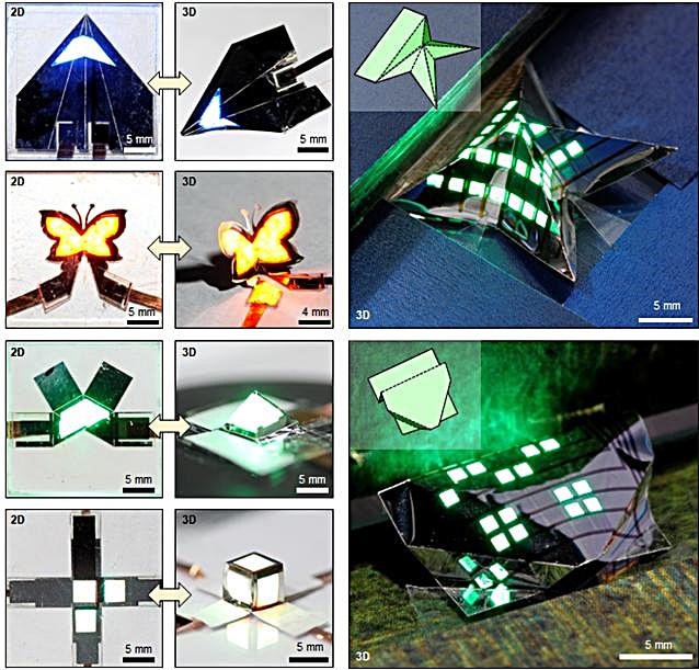 [대전=뉴시스] IBS가 종이처럼 자유자재로 접을 수 있는 3차원 폴더블 QLED를 제작하는데 성공했다. 이 기술을 사용해 비행기, 나비, 피라미드 등의 복잡한 모양을 가진 3차원 폴더블 QLED를 제작할 수 있다. *재판매 및 DB 금지