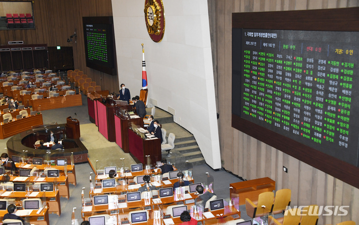 [서울=뉴시스] 최진석 기자 = 28일 서울 여의도 국회에서 열린 본회의에서 세종시에 국회의사당 분원을 설치하는 내용의 국회법 개정안이 표결되는 동안 박병석 국회의장이 지켜보고 있다. (공동취재사진) 2021.09.28. photo@newsis.com