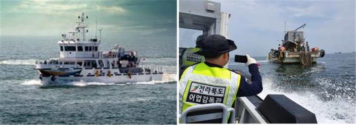 [전주=뉴시스] 전라북도 어업지도선인 전북207호(왼쪽)와 해상 및 육상 불법어업 지도·단속 모습(오른쪽). *재판매 및 DB 금지