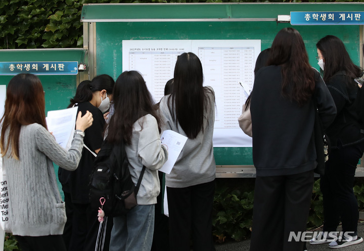 [서울=뉴시스] 박미소 기자 = 성신여자대학교 2022학년도 수시모집 논술고사가 치러진 지난 10월3일 오전 서울 성북구 성신여대 입구에서 수험생들이 고사장을 확인하고 있다. 2021.10.03. misocamera@newsis.com