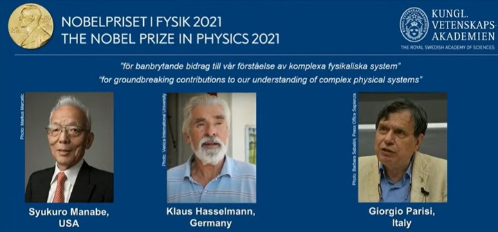 [서울=뉴시스]2021년도 노벨 물리학상 수상자. (출처: 노벨위원회 발표화면 캡처) 2021.10.5. *재판매 및 DB 금지