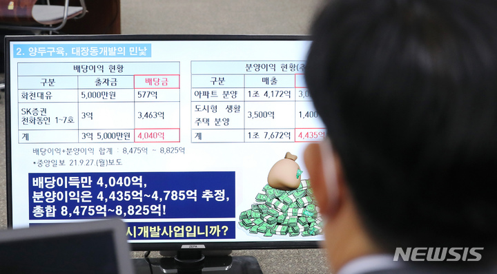 [세종=뉴시스] 강종민 기자 = 노형욱 국토교통부 장관이 5일 오전 세종시 정부세종청사에서 열린 국회 국토교통위원회의 국토교통부, 행정중심복합도시건설청, 새만금개발청 국정감사에서 국민의힘 송석준 위원이 질의하며 모니터에 게시한 대장동 개발 관련 자료를 살펴보고 있다. (공동취재사진) 2021.10.05. photo@newsis.com