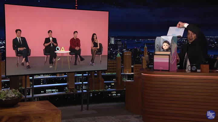 [서울=뉴시스]'오징어 게임' 출연진인 이정재·박해수·정호연·위하준이 6일(현지시간) 미국 NBC 간판 토크쇼 '더 투나잇 쇼 스타링 지미 팰런'(지미 팰런쇼)에 화상으로 출연했다.(사진=넷플릭스 제공)2021.10.07 photo@newsis.com *재판매 및 DB 금지