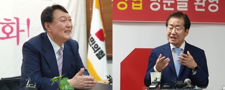 [대구=뉴시스]국민의힘 대선 경선후보 윤석열(사진 왼쪽) 전 검찰총장과 홍준표 국회의원. 뉴시스DB. 2021.10.08. photo@newsis.com *재판매 및 DB 금지