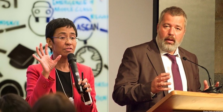 [서울=뉴시스]마리아 레사(왼쪽), 드미트리 무라토프. (사진: 노벨위 공식 트위터) 2021.10.8. *재판매 및 DB 금지