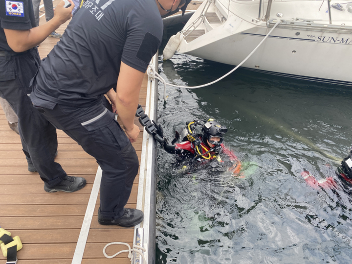 [여수=뉴시스] 김혜인 기자 = 지난해 10월6일 전남 여수시 웅천동 요트 선착장에서 7t급 요트 바닥에 붙어있는 따개비 제거 작업을 하던 특성화고교 실습생 홍정운 군이 익사한 것과 관련해 당시 사고를 재연하는 실황조사 모습. (사진은 해당 기사와 직접 관련이 없습니다) 2021.10.12.photo@newsis.com *재판매 및 DB 금지
