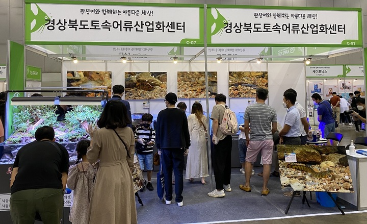 [안동=뉴시스] 지난 8일부터 10일까지 3일간 경기도 고양시 킨텍스에서 열린 제6회 한국관상어산업박람회에서 경북도 토속어류산업화센터에 많은 관람객들이 몰려 있다. (사진=경북도 제공) *재판매 및 DB 금지