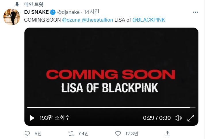 [서울=뉴시스] 디제이 스네이크(DJ SNAKE)가 자신의 SNS를 통해 블랙핑크 리사와의 협업 사실을 알렸다. 이들 외에도 가수 오주나와 메간 디 스탈리온이 참여할 것으로 보인다. (사진=디제이 스네이크 트위터 캡처) 2021.10.14. photo@newsis.com *재판매 및 DB 금지
