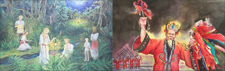 [홍성=뉴시스] 충남도서관에서 18~29일까지 전시될 동북아 5개국 청소년 그림·포스터 공모전 수상작 가운데 최우수작인 러시아 톰스크주(양치식물 탐색)와 중국 후난성(제마의 기품)의 작품 모습. *재판매 및 DB 금지