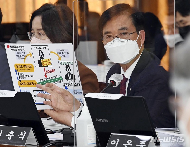 [수원=뉴시스] 국회사진기자단 = 국민의힘 최춘식 의원은 17일 방대본 '코로나19 사망자 예방 접종력 분포' 자료를 근거로 "코로나19 백신이 감염을 막는 데 효과 없다는 게 드러났다"며 방역패스(접종증명·음성확인제) 철회를 요구했다. 사진은 최 의원이 지난 10월18일 경기도청에서 열린 국회 행정안전위원회의 경기도에 대한 국정감사에서 질의하고 있다. (공동취재사진) 2021.12.17. photo@newsis.com