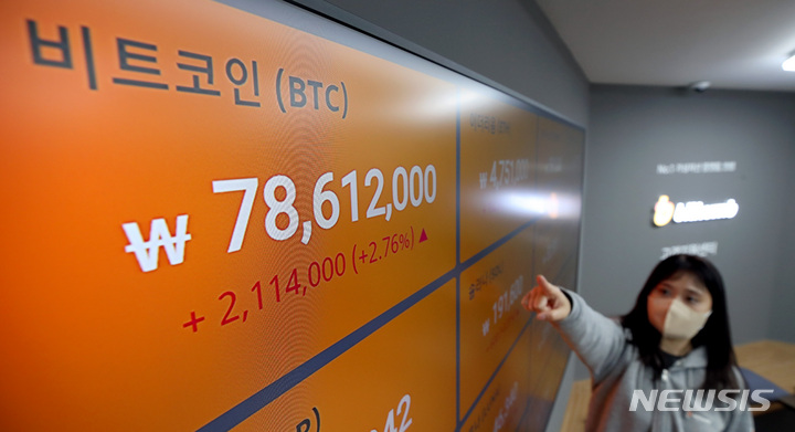 [서울=뉴시스] 김병문 기자 = 비트코인이 ETF 출시 효과로 역대 최고가에 근접한 20일 오전 서울 서초구 빗썸 고객지원센터 전광판에 암호화폐 시세가 표시되어 있다. 2021.10.20. dadazon@newsis.com