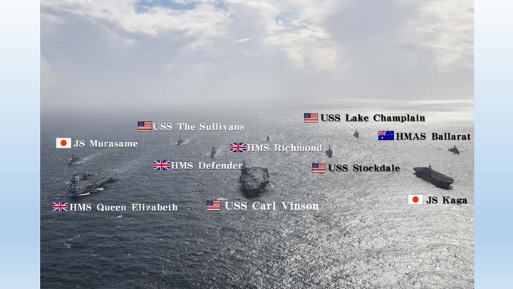 [서울=뉴시스]10월 중순 벵골만에서 실시된 미국, 일본, 영국, 호주의 합동 군사훈련. (사진: 일본 방위성 트위터) *재판매 및 DB 금지