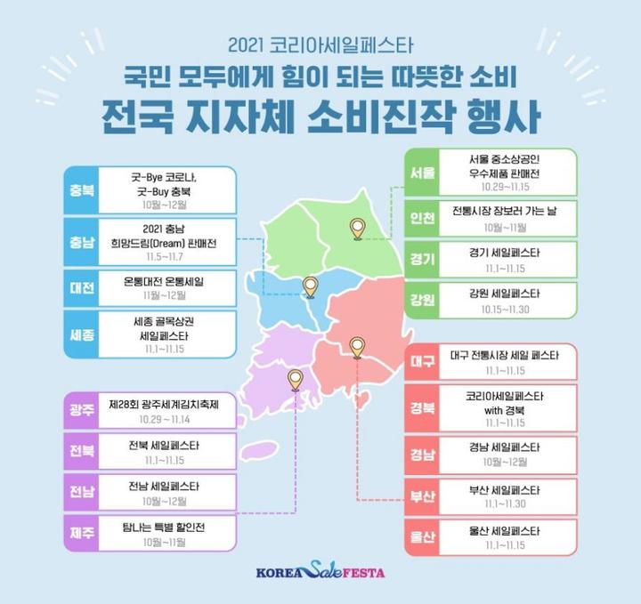 [세종=뉴시스] 지자체별 '2021 코리아세일페스타' 연계 소비진작 행사 계획. (포스터=산업통상자원부 제공) *재판매 및 DB 금지