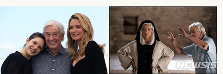 [서울=뉴시스] 다프테 파타키아, 폴 버호벤 감독, 비르지니 에피라. (오른쪽) 베네테타 현장 컷