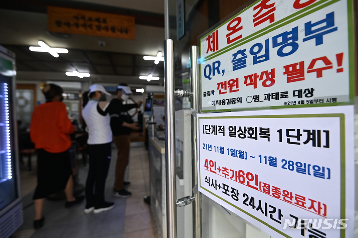 [수원=뉴시스] 김종택기자 = 위드 코로나(단계적 일상회복)가 본격적으로 시행된 1일 오후 경기도 수원시 팔달구 한 식당에 24시간 영업 안내문이 붙어 있다. 오늘부터 수도권은 10명까지, 비수도권은 12명까지 모일 수 있고 식당·카페 등 대부분 시설은 24시간 영업이 가능해진다. 2021.11.01. jtk@newsis.com