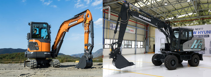 [서울=뉴시스] 현대두산인프라코어와 현대건설기계가 10~13일 열리는 한국국제건설기계전에 선보일 신제품들. 현대두산인프라코어 3.5톤 미니굴착기(왼쪽),와 현대건설기계 14톤 수소굴착기 (사진=현대제뉴인 제공) *재판매 및 DB 금지