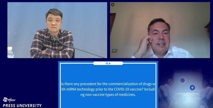 한국화이자제약은 8일 '2021 화이자 프레스 유니버시티'(온라인)를 열었다. 사진 위 왼쪽 한국화이자제약 강성식 부사장(의학부 총괄), 오른쪽 글로벌 화이자 랄프 르네 라이너르트 사장 (사진='2021 화이자 프레스 유니버시티' 캡처) *재판매 및 DB 금지