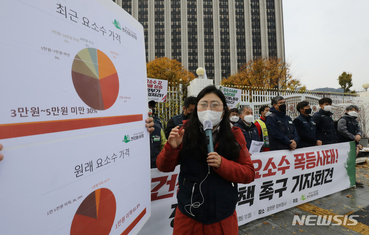 [서울=뉴시스] 김명원 기자 = 전국건설노동조합 노조원들이 9일 오전 서울 종로구 정부서울청사 앞에서 열린 건설기계 요소수 문제 정부 대책 촉구 기자회견에서 최근요소수 가격 변동과 관련한 설명을 하고 있다. 2021.11.09. kmx1105@newsis.com