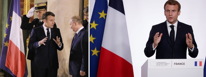 [파리=AP/뉴시스] 지난 2019년 12월10일 에마뉘엘 마크롱 프랑스 대통령이 사용한 밝은 푸른색의 프랑스 국기(왼쪽)와 지난 12일(현지한) 사용된 감청색 국기(오른쪽). 2021.11.15. *재판매 및 DB 금지