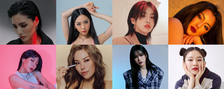 스우라 리더 8명. 왼쪽 위부터 시계방향 모니카, 허니제이, 아이키, 리헤이, 리정, 노제, 가비, 효진초이.