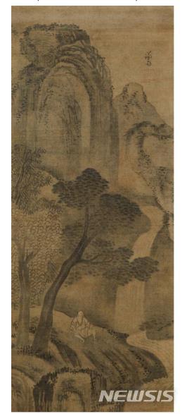 [서울=뉴시스]겸재 정선, '산수인물도', 비단에 수묵담채, 105×42㎝ 추정가 1억2000만~2억500만원.