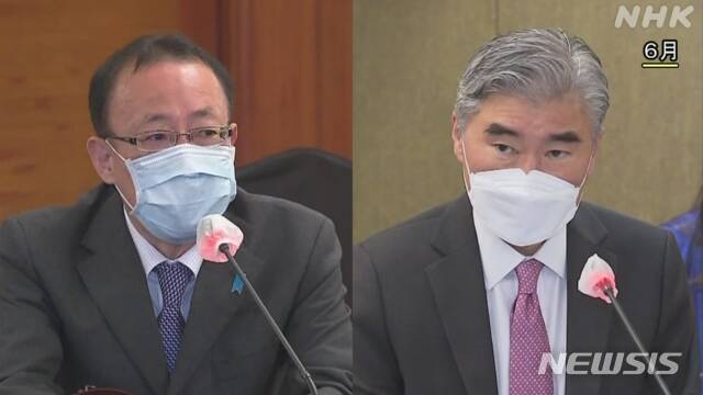 일본 후나코시 다케히로(船越健裕) 외무성 아시아·대양주국장은 한미일 외교차관 공동 기자회견 무산 후 18일 오전 성 김 미국 국무부 대북특별대표와 전화회담을 가졌다. (사진출처: NHK 화면 캡처) 2021.11.18