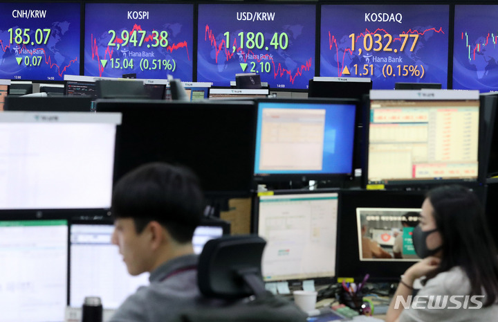 [서울=뉴시스] 백동현 기자 = 코스피가 전 거래일(2962.42)보다 15.04포인트(0.51%) 내린 2947.38에 장을 마감한 18일 오후 서울 중구 하나은행 딜링룸에서 딜러들이 업무를 보고 있다. 이날 코스닥지수는 전 거래일(1031.26) 대비 1.51포인트(0.15%) 상승한 1032.77에, 원·달러 환율은 전 거래일(1182.5원) 대비 2.1원 내린 1180.4원에 마감했다. 2021.11.18. livertrent@newsis.com