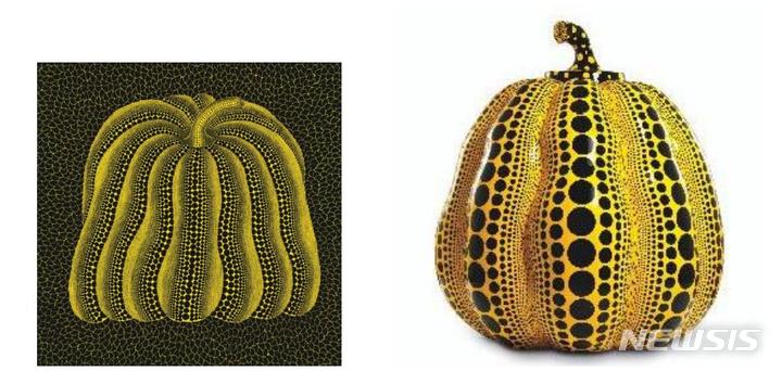 [서울=뉴시스]야요이 쿠사마, Pumpkin(LPASG), acrylic on canvas, 130.3x130.3cm. 2013. 추정가:HK$45,000,000-65,000,000 (한화 약 68 억~99 억 원), 야요이 쿠사마 Yayoi Kusama, PUMPKIN, fiberglass-reinforced plastic and urethane paint sculpture in two parts, 215(H)x180x180cm. 2017.추정가: HK$28,000,000-38,000,000 (한화 약 43 억~58 억 원). 사진=Christie’sImage.