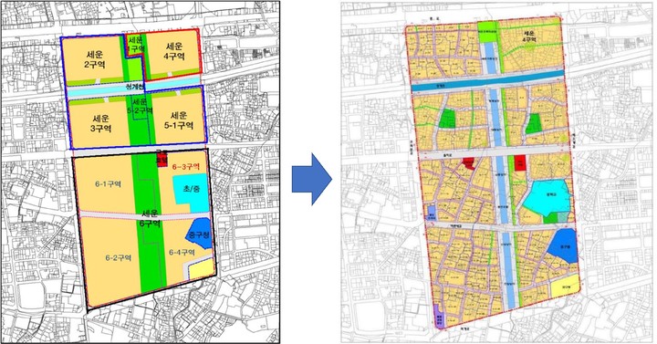 [서울=뉴시스] 지난 2009년 서울시가 세운 세문재정비촉진계획 구역도(사진 왼쪽)와 2014년 변경된 구역도. (사진=뉴시스DB) 2021.11.21. photo@newsis.com *재판매 및 DB 금지