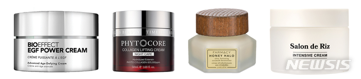 [서울=뉴시스] 왼쪽부터 바이오이펙트 EGF 파워 크림, 파이토코어 콜라겐 리프팅 크림, 파머시 허니헤일로, 쌀롱드리 인텐시브 크림.