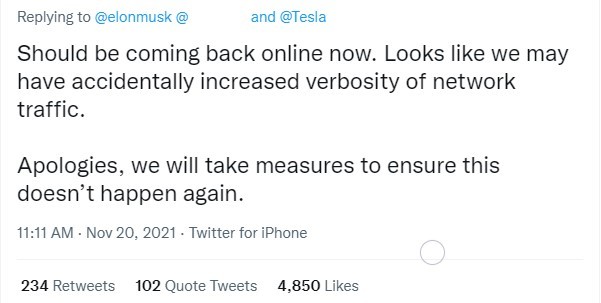 [서울=뉴시스]20일(현지시간) 세계 곳곳에서 테슬라 전기차 애플리케이션(앱) 먹통 문제가 발생해 차주들이 불편을 겪었다. 일론 머스크 테슬라 최고경영자(CEO)는 이를 신고한 한국 차주에게 트위터로 직접 답변하며 사과했다. (사진=머스크 트위터 캡처) 2021.11.20.