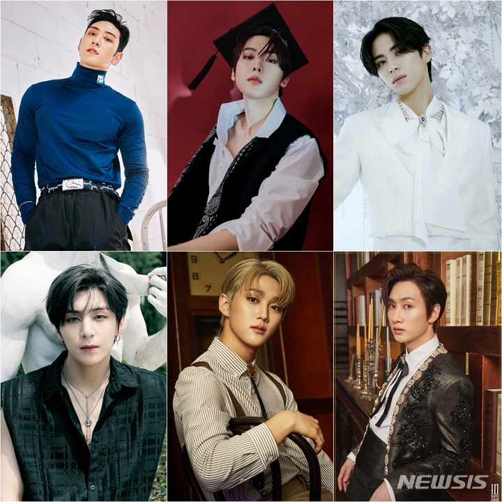 [서울=뉴시스](상단 왼쪽부터) 뉴이스트 백호, 아스트로 윤산하, SF9 태양, (하단 왼쪽부터) 골든차일드 Y(와이)와 주찬, 연출 슈퍼주니어 은혁. (사진=신스웨이브 제공) 2021.11.21. photo@newsis.com 