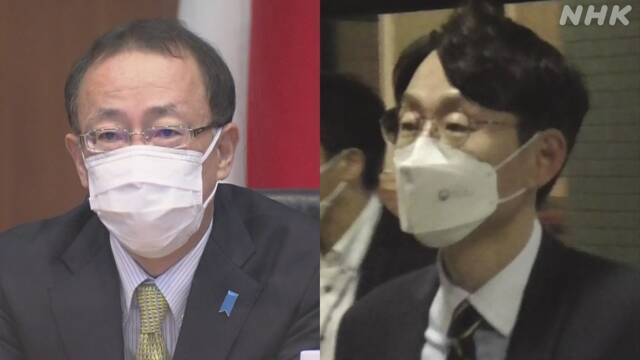 이상렬 외교부 아태국장(오른쪽)은 22일 오후 서울에서 방한한 후나코시 다케히로(船越健裕) 일본 외무성 아시아 대양주 국장과 만났다. (사진출처: NHK 화면 캡처) 2021.11.22