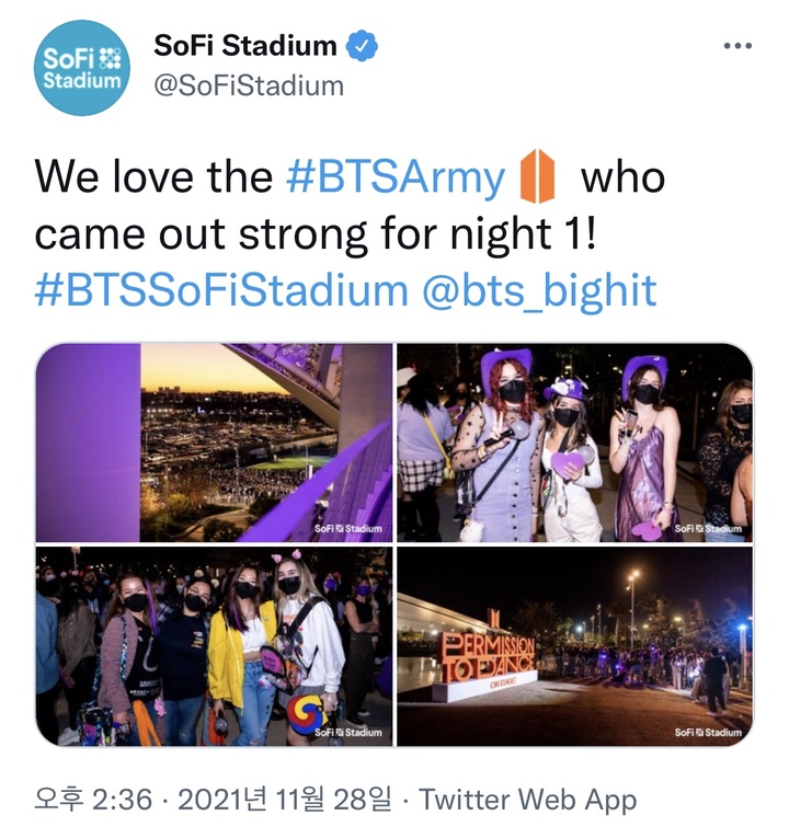 [서울=뉴시스] 소파이 스타디움 공식 계정에 올라온 BTS LA콘서트 첫날 현장 모습이다. (출처 : SoFi Stadium 트위터 화면 캡처) 2021.11.29. *재판매 및 DB 금지