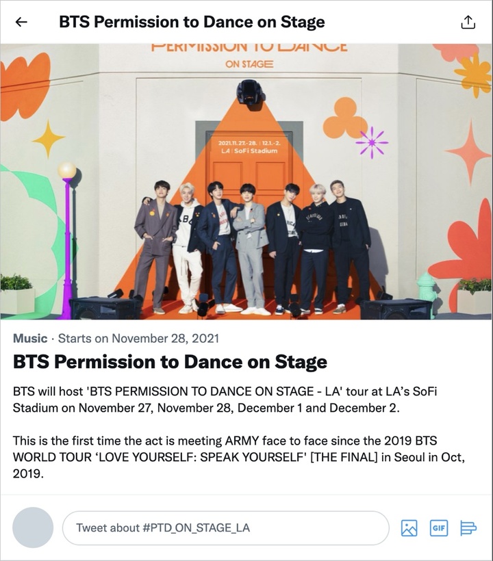 [서울=뉴시스] 트위터가 제공하는 ‘BTS Permission to Dance on Stage’ 라이브 이벤트 페이지. 2021.11.30. (사진 = 트위터 제공) photo@newsis.com