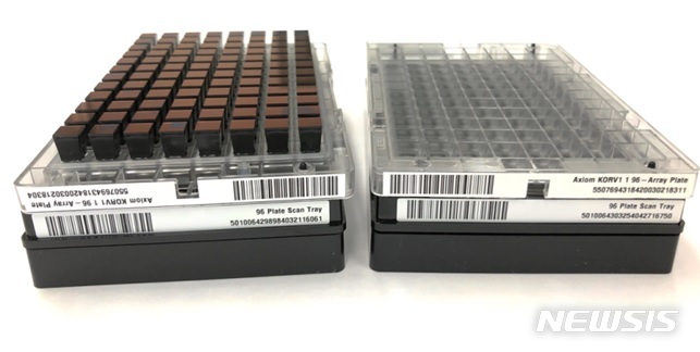 [세종=뉴시스] 2015년에 제작된 한국인 약 2500명의 염기서열정보를 분석해 한국인 유전체연구에 최적화되도록 만든 맞춤형 유전체칩. 한번에 96개 샘플 분석이 가능하다. (자료= 국립보건연구원 제공) 2021.12.08. 