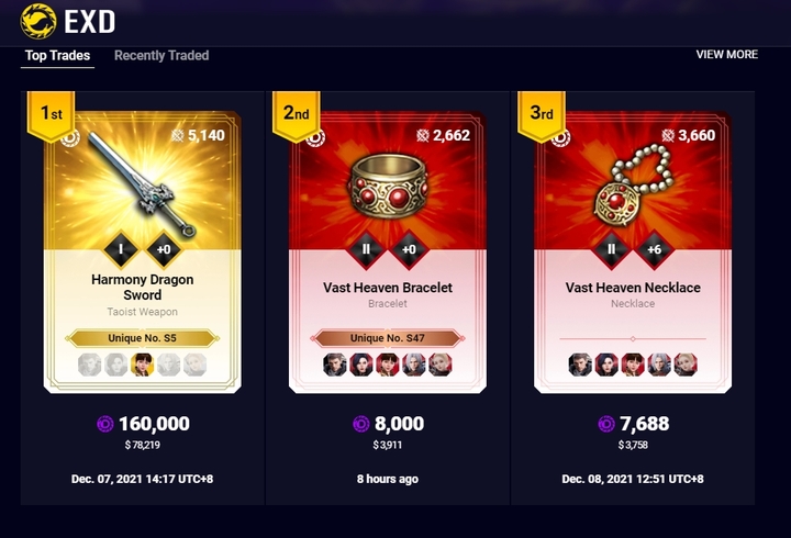 위메이드의 미르4 글로벌의 아이템 거래소 플랫폼 EXD에서 약 9656만7728원에 거래된 아이템 '연리용검'.(사진=EXD 사이트 갈무리) *재판매 및 DB 금지