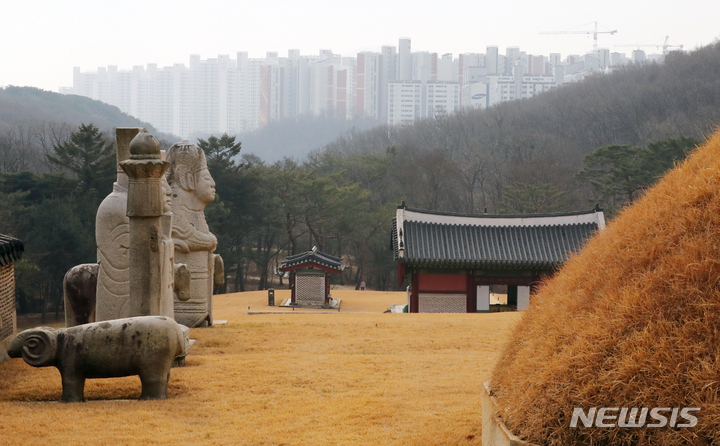 [김포=뉴시스] 배훈식 기자 = 일명 '왕릉뷰 아파트' 건설사 2곳이 문화재위원회 심의를 거부한 것으로 알려진 9일 오전 경기 김포시 장릉(사적 제202호)에서 문제의 검단 신도시 아파트가 보이고 있다. 2021.12.09. dahora83@newsis.com