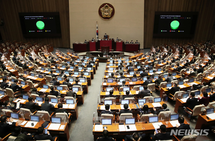 [서울=뉴시스] 전신 기자 = 9일 오후 서울 여의도 국회에서 열린 본회의에서 한국토지주택공사(LH) 사태 방지법인 범죄수익은닉의 규제 및 처벌에 관한 법률 개정안이 가결 처리되고 있다. (공동취재사진) 2021.12.09. photo@newsis.com