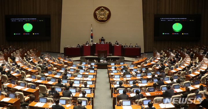[서울=뉴시스] 김선웅 기자 = 정기국회 마지막 날인 9일 오후 서울 여의도 국회에서 열린 본회의에서 2021년 지방세입 관계 5개 법률 개정안이 가결되고 있다. 2021.12.09. mangusta@newsis.com