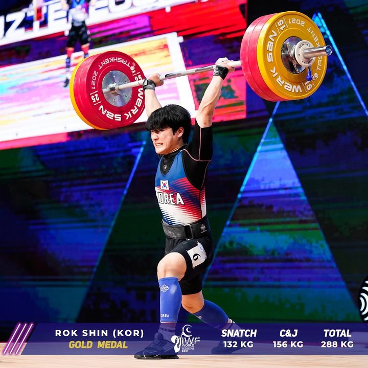 [서울=뉴시스]세계역도선수권 남자 61㎏급서 금메달을 3개 차지한 신록. (캡처=국제연도연맹 홈페이지)