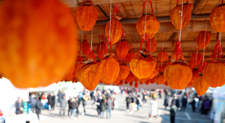 [산청=뉴시스] 산청곶감 축제장 입구에 걸린 곶감. *재판매 및 DB 금지