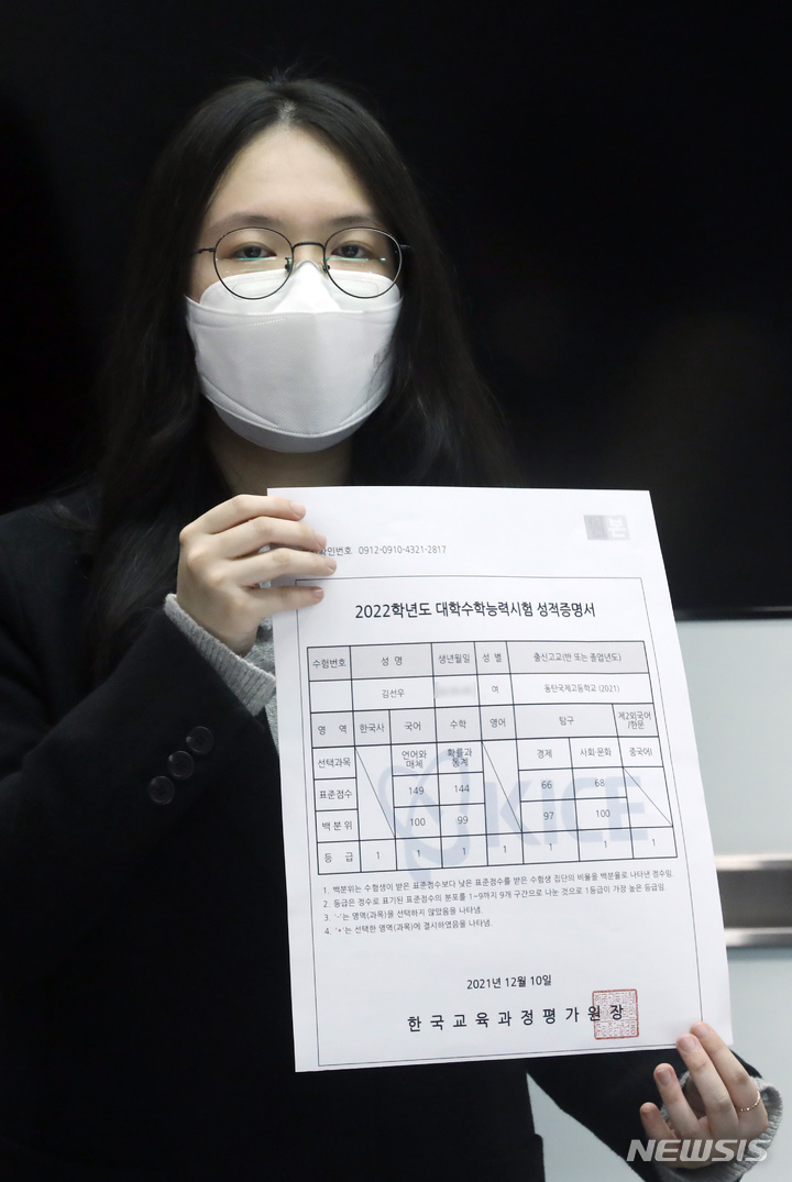 [서울=뉴시스] 고승민 기자 = 올해 수능에서 유일하게 전과목 만점을 받은 김선우 씨가 10일 서울 메가스터디교육 본사에서 취재진과의 인터뷰가 끝난 뒤 만점 성적표를 들어보이고 있다. 양지 메가스터디 기숙학원에서 재수를 한 김선우 씨는 이번 수능에서 국어, 수학, 사회탐구(사회문화, 경제) 영역에서 모두 만점을 받았다. 영어와 한국사, 제2외국어(중국어)는 모두 1등급을 받았다. 김씨는 대학에 입학한 상태에서 재수를 한 반수생이다. 김씨는 이번 수능을 통해 자신의 적성과 장래 포부에 맞는 대학 및 학과에 진학할 계획이다. 2021.12.10. kkssmm99@newsis.com