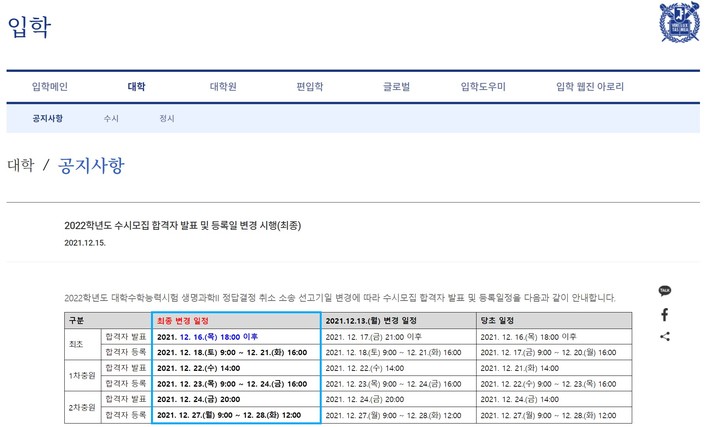 [서울=뉴시스]서울대는 16일 오후 6시 2022학년도 수시모집 합격자 최초 합격자를 입학본부 홈페이지를 통해 발표한다. 사진은 서울대 입학본부 홈페이지 15일자 공지. (사진=서울대 입학본부 캡쳐). 2021.12.16. photo@newsis.com *재판매 및 DB 금지